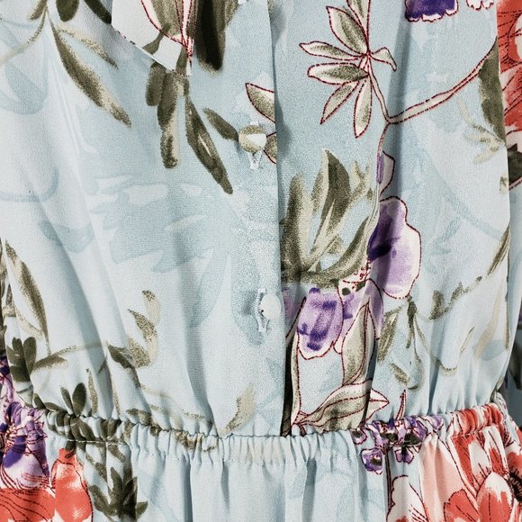 Nanette Lepore Aqua Floral LS Tie Neck Aqua Tiered Dress, 8 - Picture 6 of 12